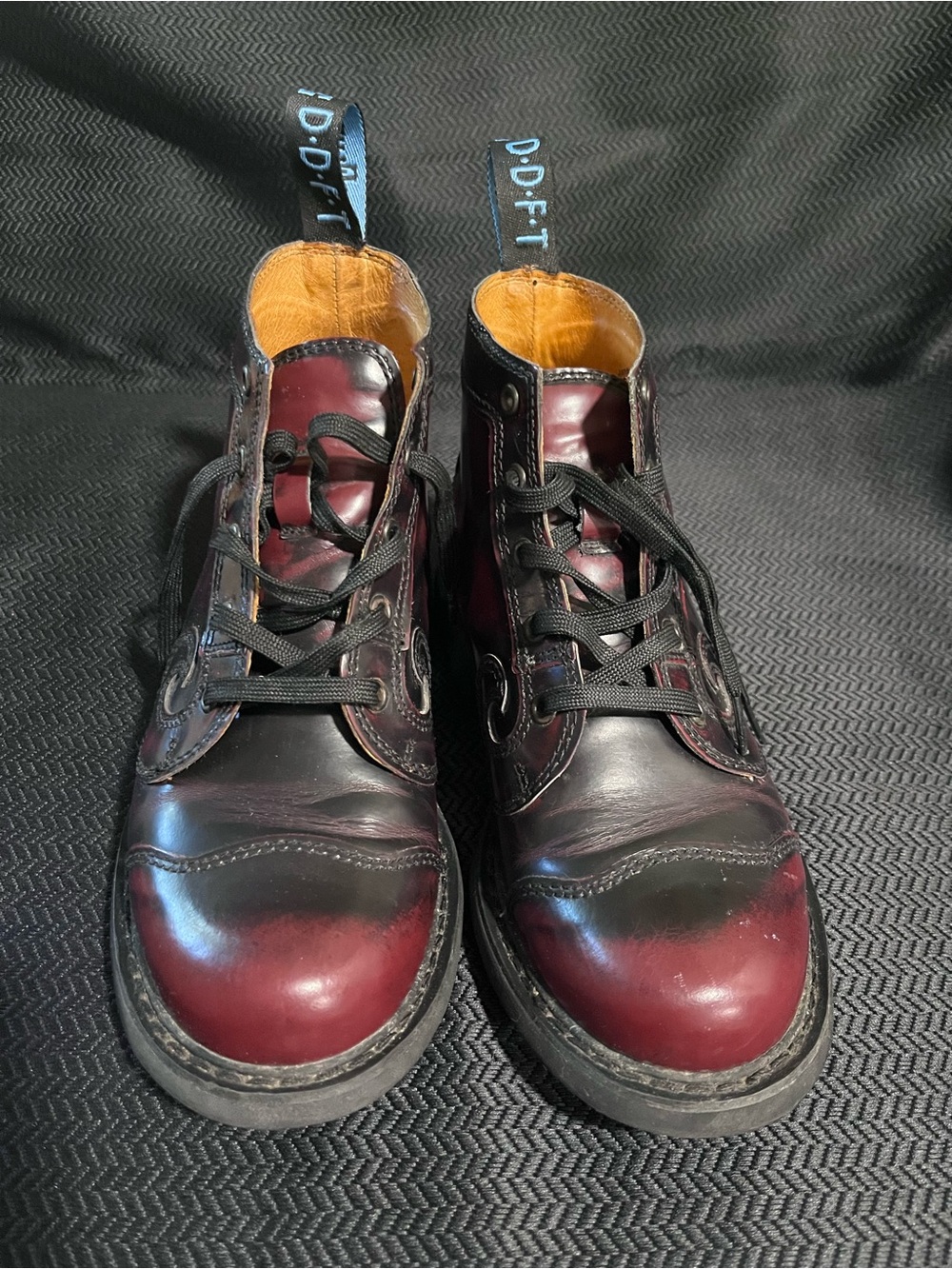 John Fluevog Burgundy Black Leather Combat Boots Size W8 (UR Powerful) - Picture 2 of 10